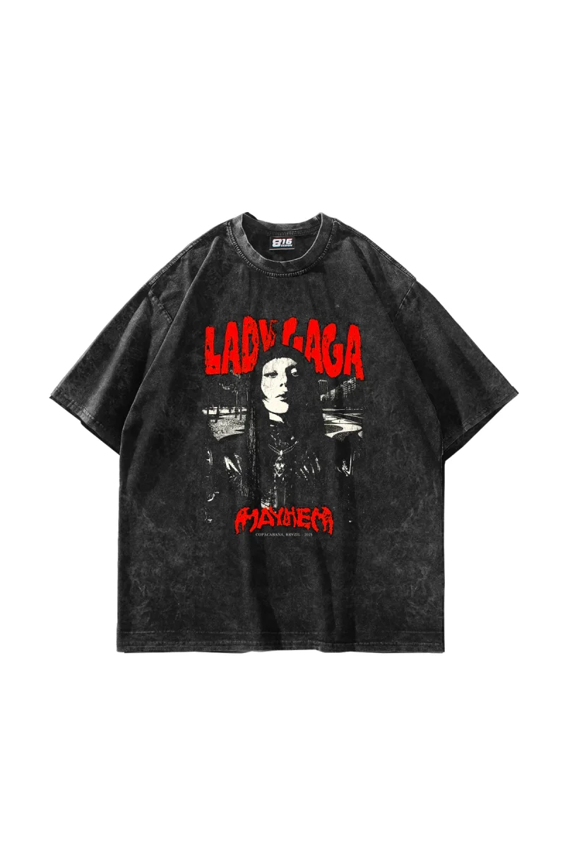 Lady Gaga Baskılı Oversize Unisex Yıkamalı Siyah Tshirt