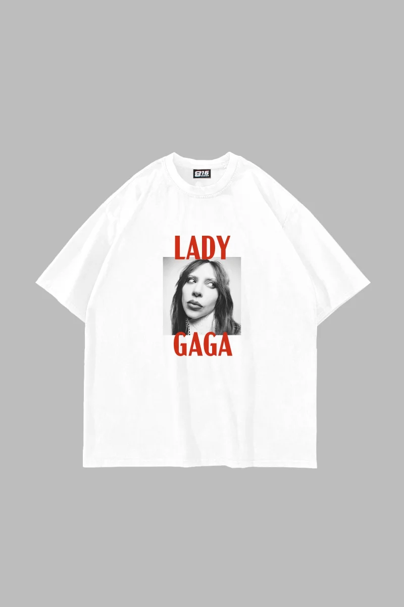 Lady Gaga Photo Baskılı Oversize Unisex Beyaz Tshirt