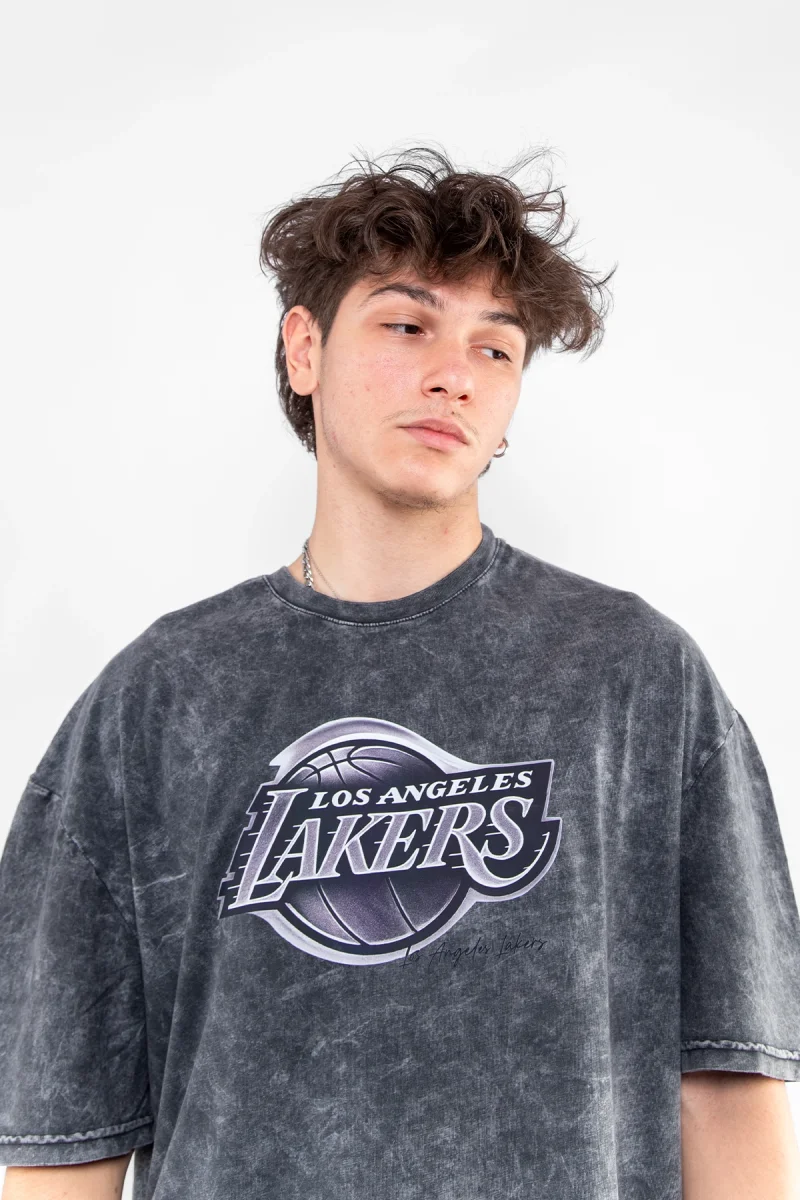 Lakers Baskılı Oversize Unisex Yıkamalı Siyah Tshirt