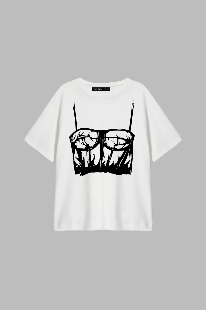 Leather Shine Baskılı Relaxed Fit Beyaz Kadın Tshirt