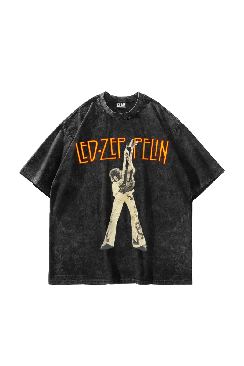 Led Zeppelin Human Baskılı Oversize 24/1 Premium Yıkamalı Siyah Tshirt