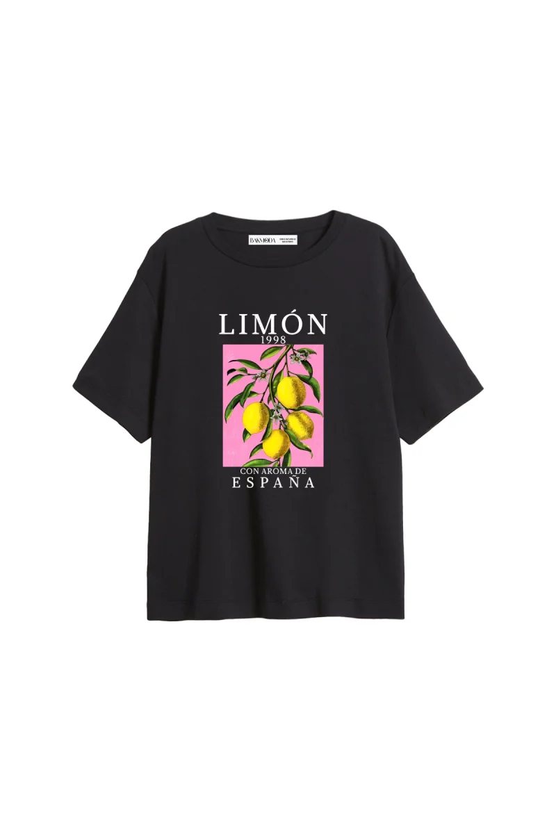 Lemon Baskılı Relaxed Fit Siyah Kadın Tshirt