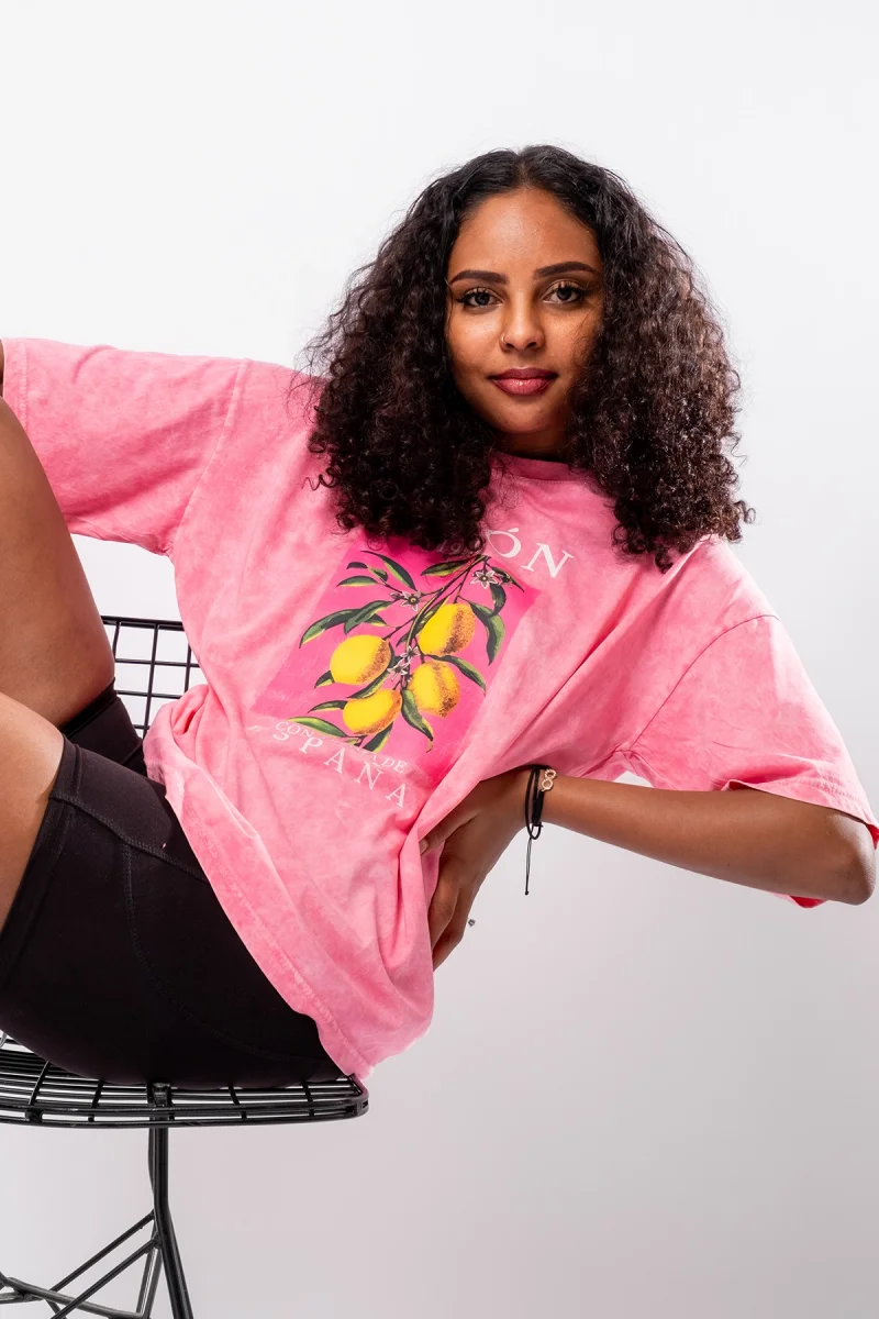 Lemon Baskılı Relaxed Fit Yıkamalı Pembe Kadın Tshirt