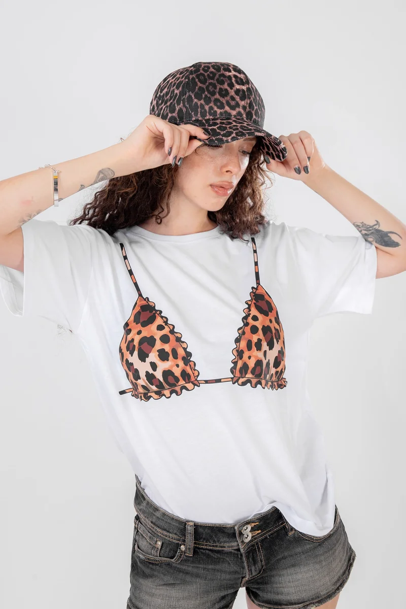 Leo Bikini Baskılı Relaxed Fit Beyaz Kadın Tshirt