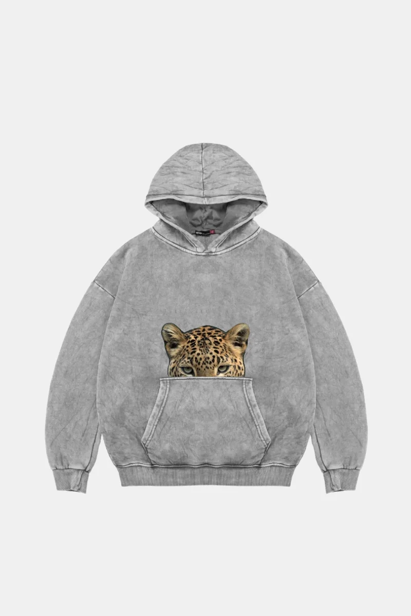 Leopar Eyes Baskılı Oversize Unisex Premium Yıkamalı Beyaz Hoodie