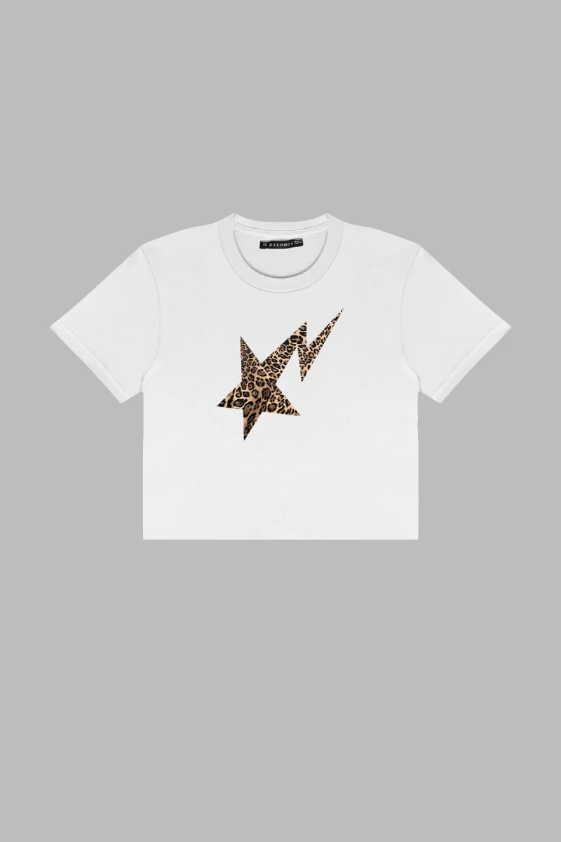 Leopar Falling Star Baskılı Beyaz Crop Top