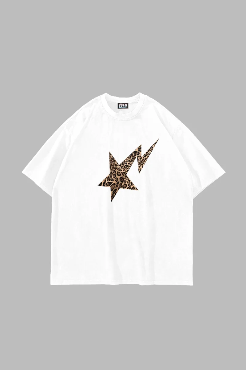 Leopar Falling Star Baskılı Oversize Unisex Premium Beyaz Tshirt