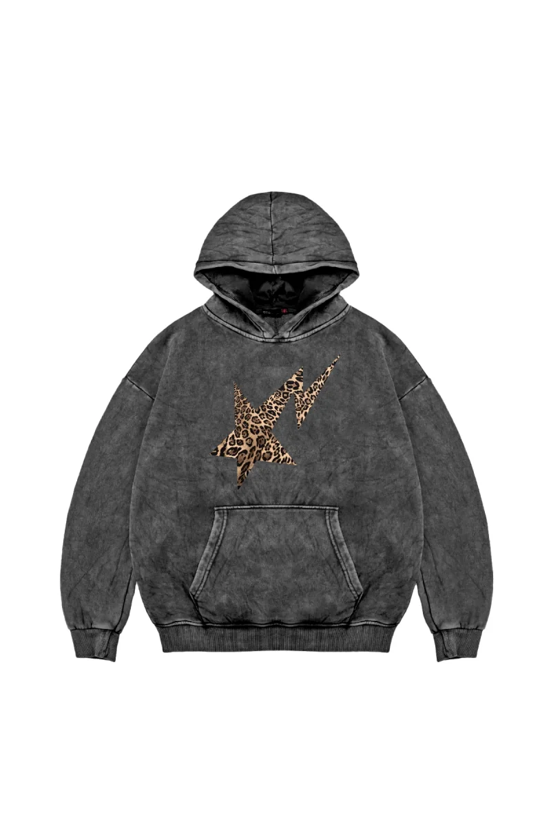 Leopar Falling Star Baskılı Oversize Unisex Premium Yıkamalı Siyah Hoodie