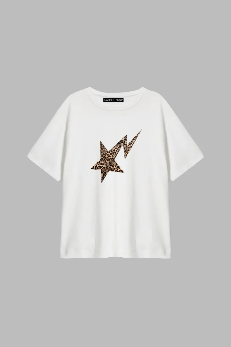 Leopar Falling Star Baskılı Relaxed Fit Beyaz Kadın Tshirt