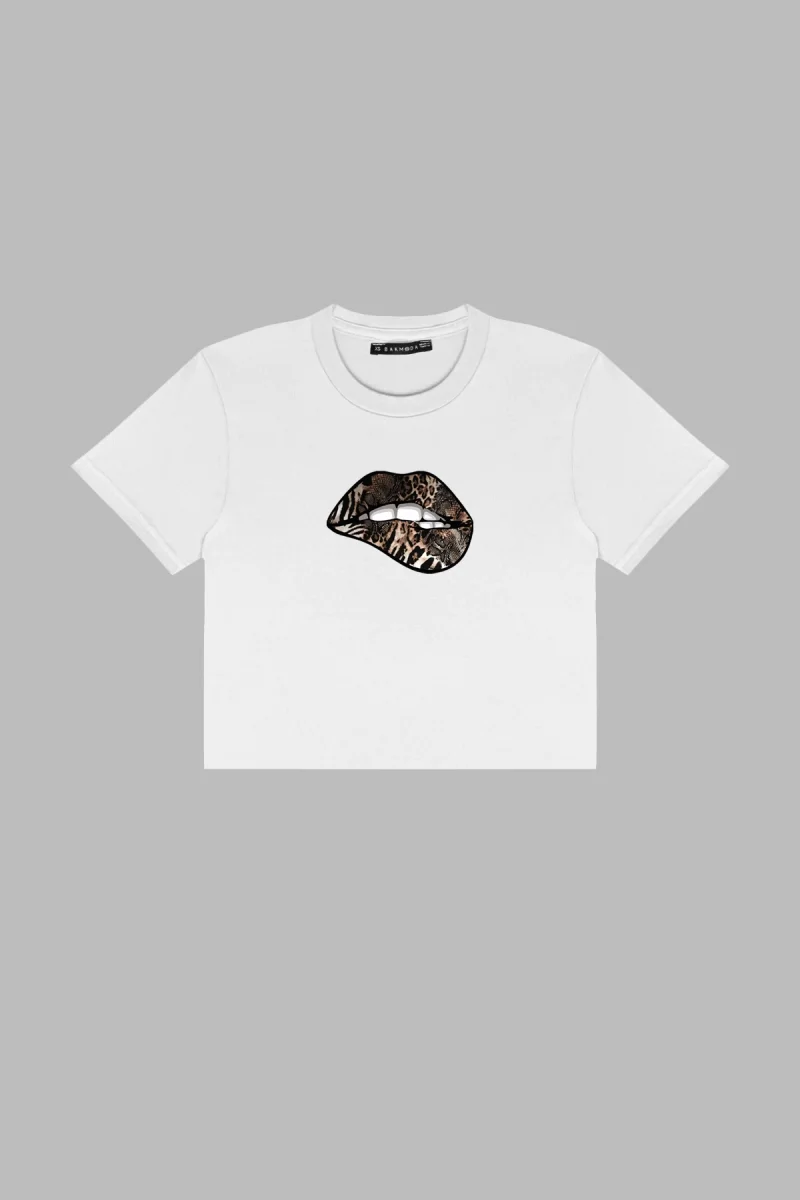 Leopar Lips Baskılı Beyaz Crop Top