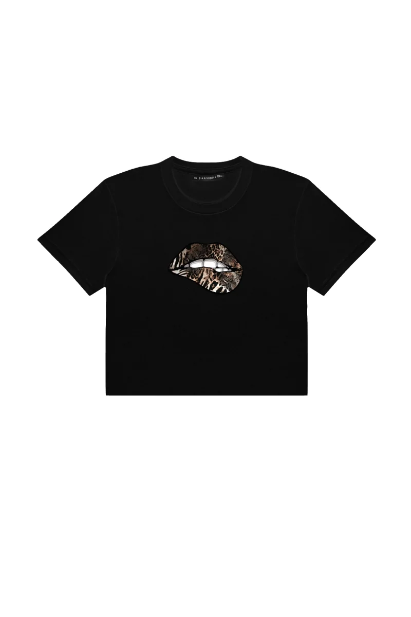 Leopar Lips Baskılı Siyah Crop Top
