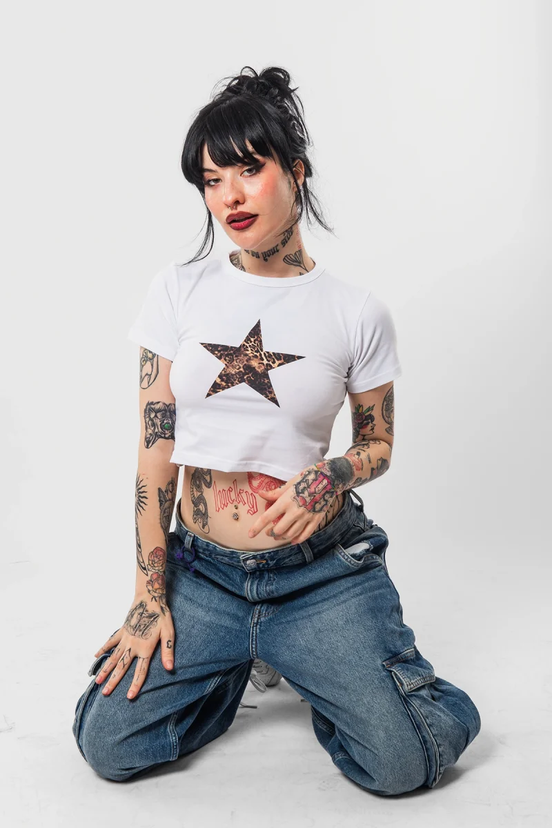 Leopar Star Baskılı Beyaz Crop Top