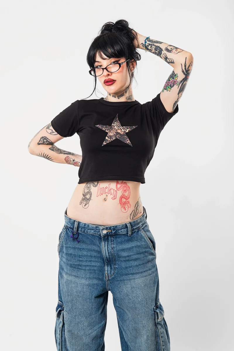 Leopar Star Baskılı Siyah Crop Top