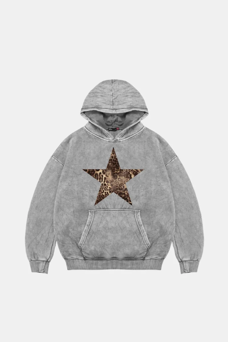 Leopar Starz Baskılı Oversize Unisex Premium Yıkamalı Beyaz Hoodie