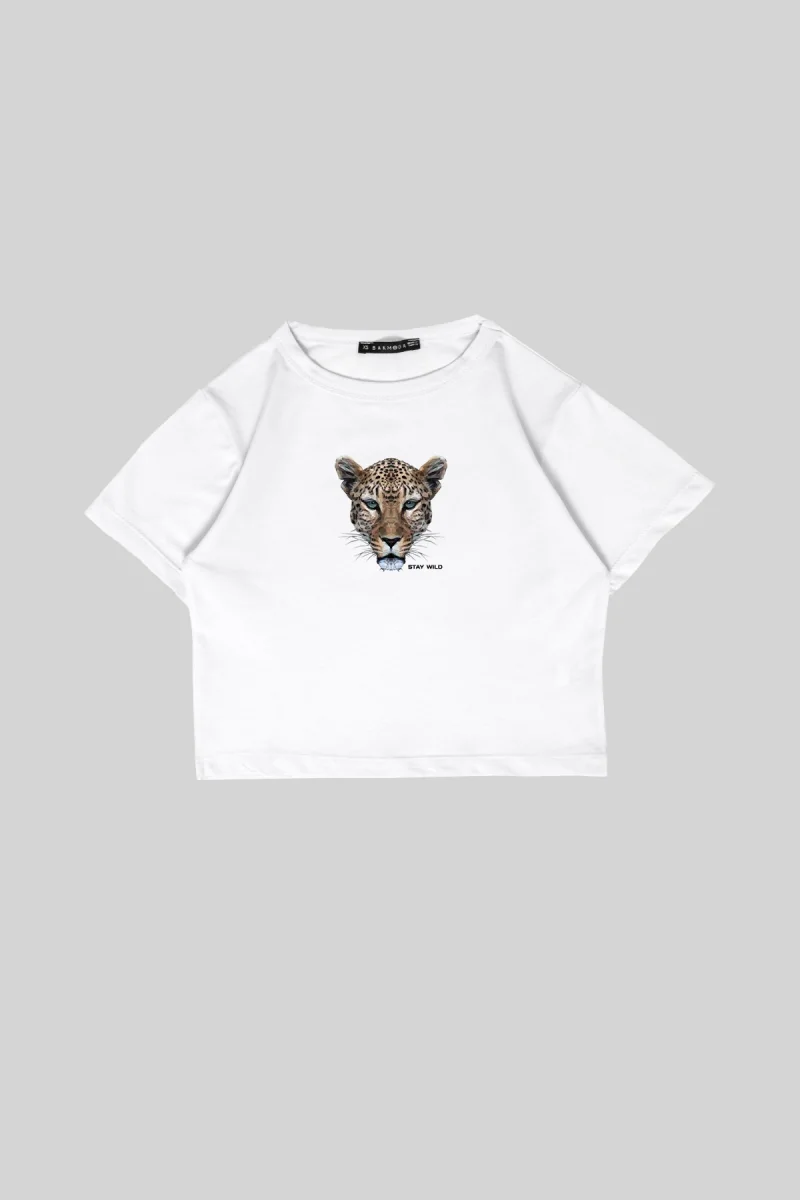 Leopar Stay Wild Baskılı Oversize Unisex Beyaz Crop Top