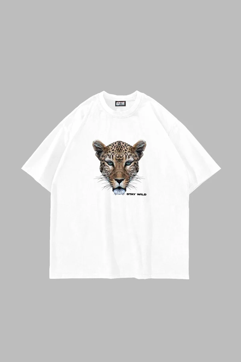 Leopar Stay Wild Baskılı Oversize Unisex Beyaz Tshirt