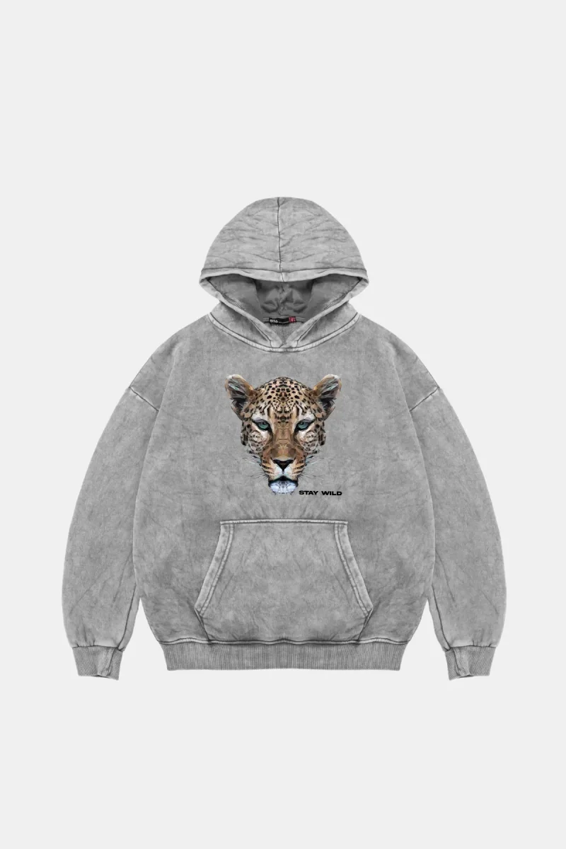 Leopar Stay Wild Baskılı Oversize Unisex Premium Yıkamalı Beyaz Hoodie