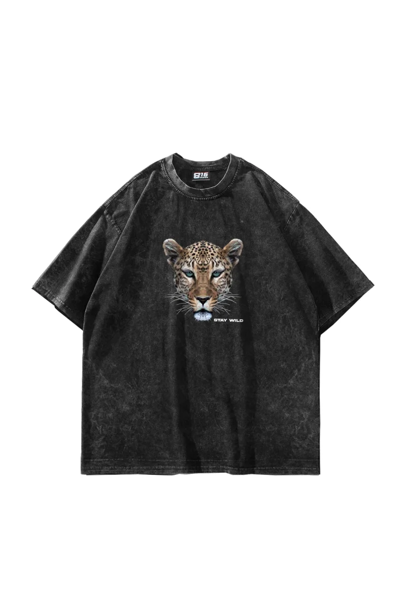 Leopar Stay Wild Baskılı Oversize Unisex Yıkamalı Siyah Tshirt