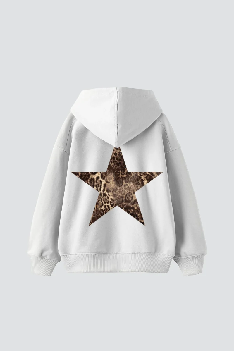 Sırt Baskılı Leopar Yıldız Baskılı Oversize Unisex Beyaz Hoodie