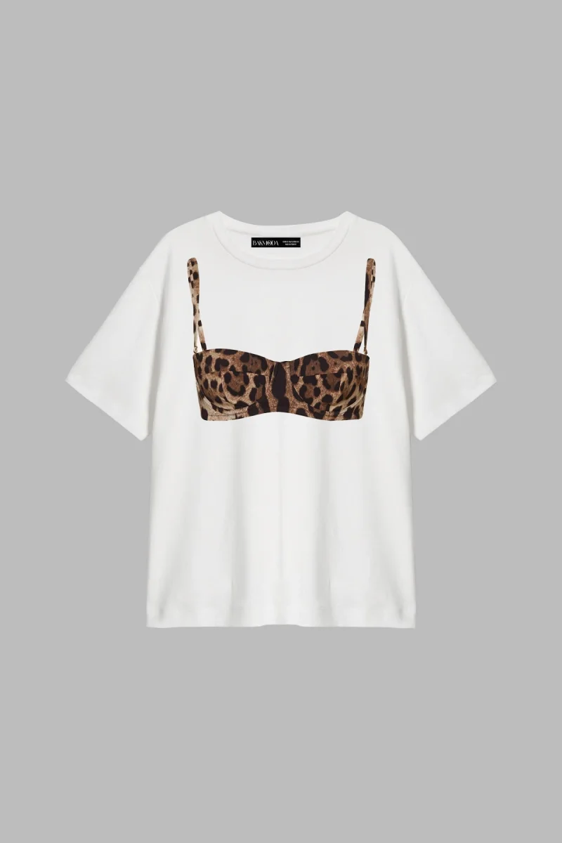 Leopard Bikini Baskılı Relaxed Fit Beyaz Kadın Tshirt