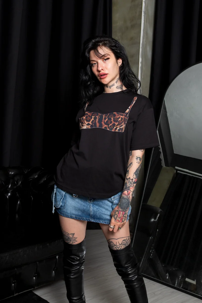 Leopard Bikini Baskılı Relaxed Fit Siyah Kadın Tshirt