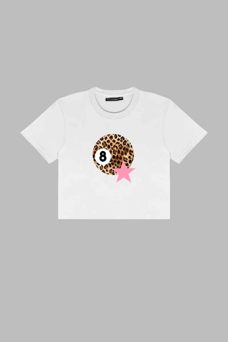 Leopard Billiard Ball Baskılı Beyaz Crop Top