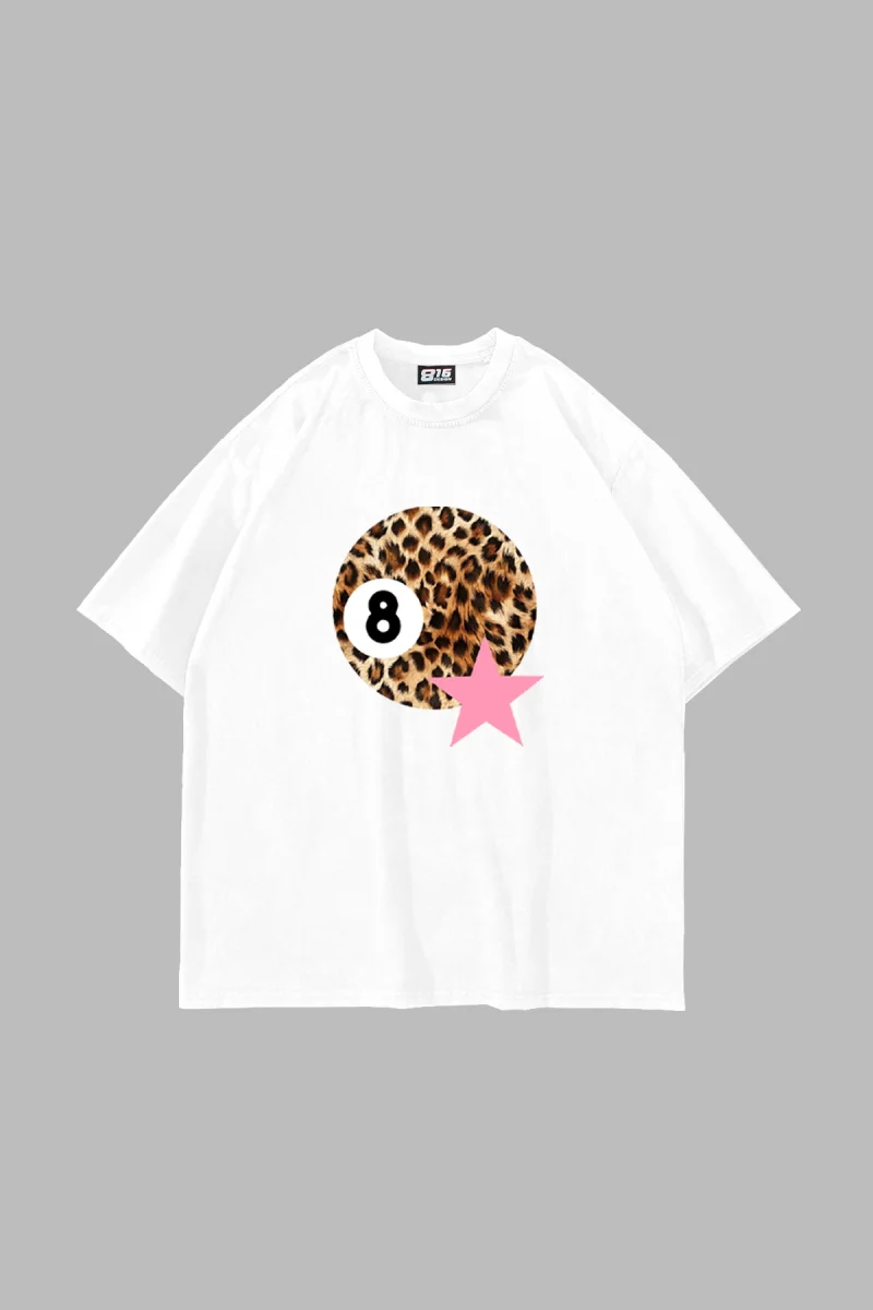 Leopard Billiard Ball Baskılı Oversize Unisex Beyaz Tshirt