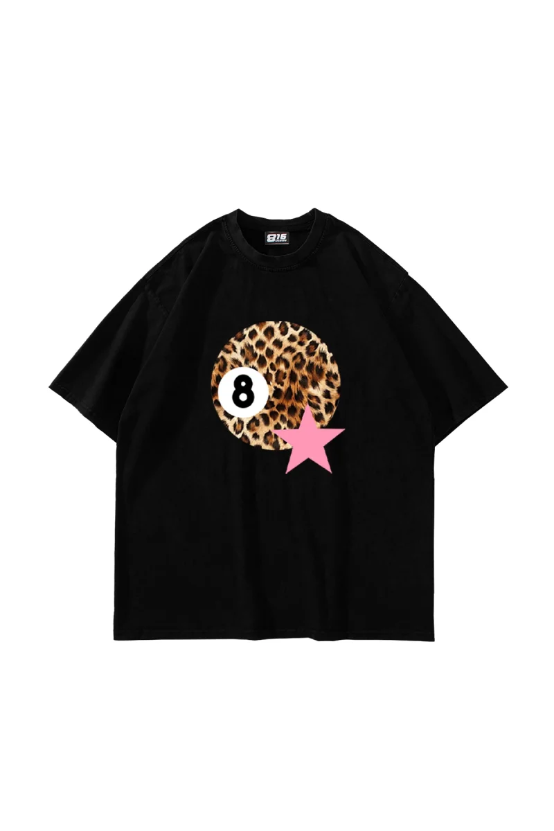 Leopard Billiard Ball Baskılı Oversize Unisex Siyah Tshirt