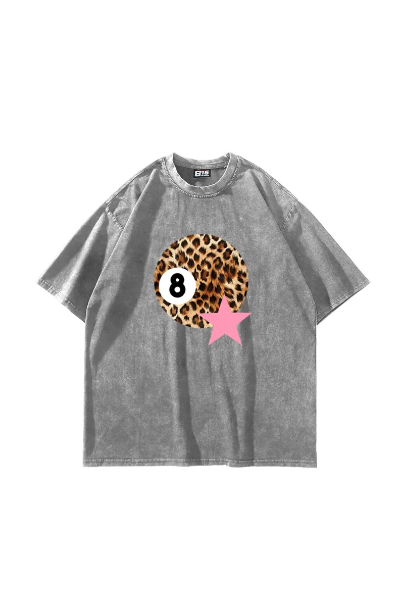 Leopard Billiard Ball Baskılı Oversize Unisex Yıkamalı Beyaz Tshirt