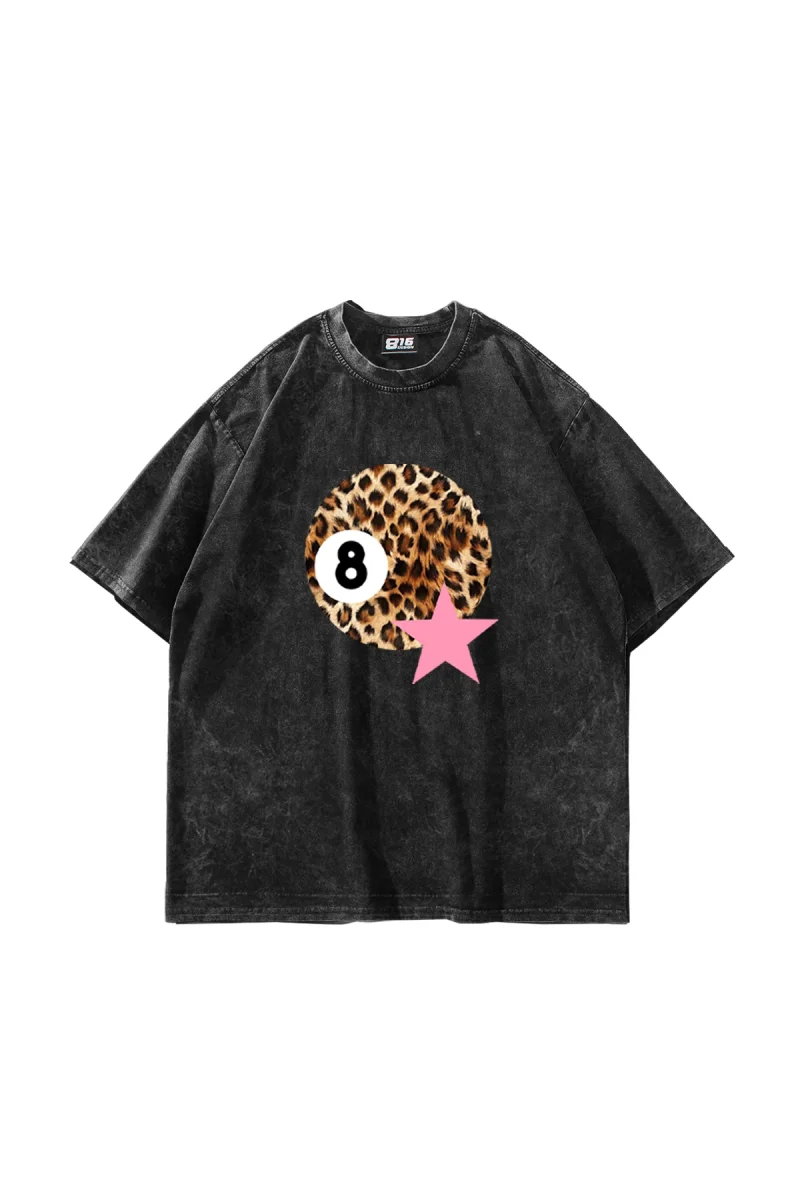 Leopard Billiard Ball Baskılı Oversize Unisex Yıkamalı Siyah Tshirt