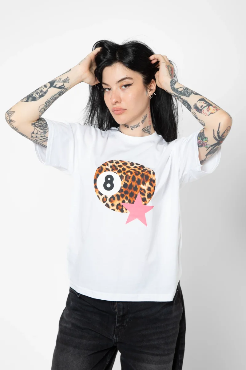 Leopard Billiard Ball Baskılı Relaxed Fit Beyaz Kadın Tshirt