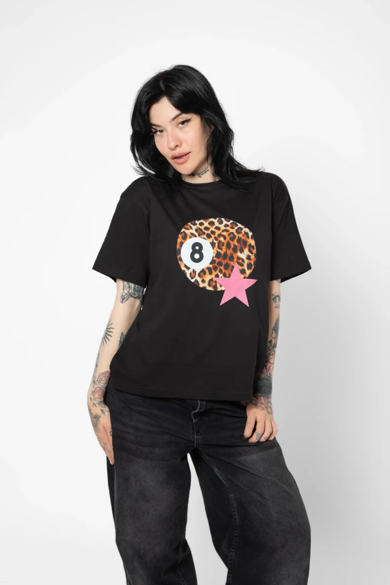 Leopard Billiard Ball Baskılı Relaxed Fit Siyah Kadın Tshirt