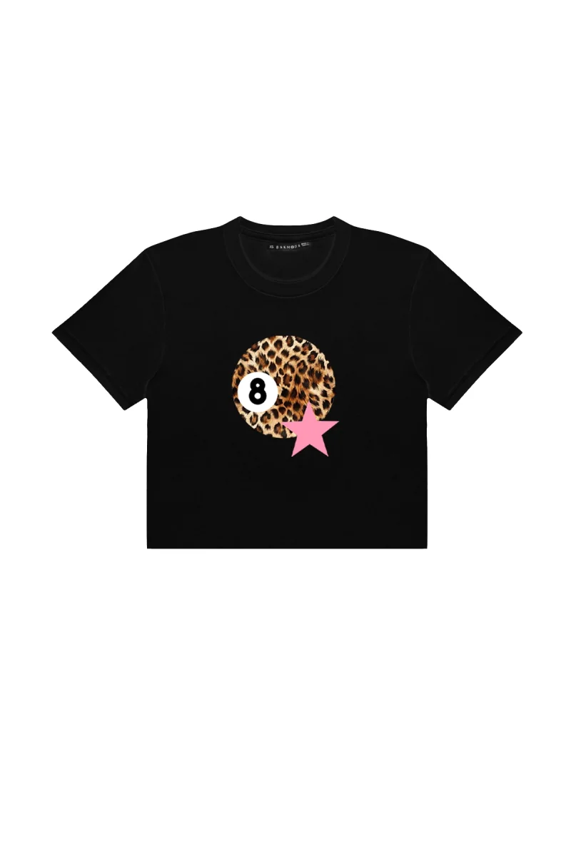 Leopard Billiard Ball Baskılı Siyah Crop Top