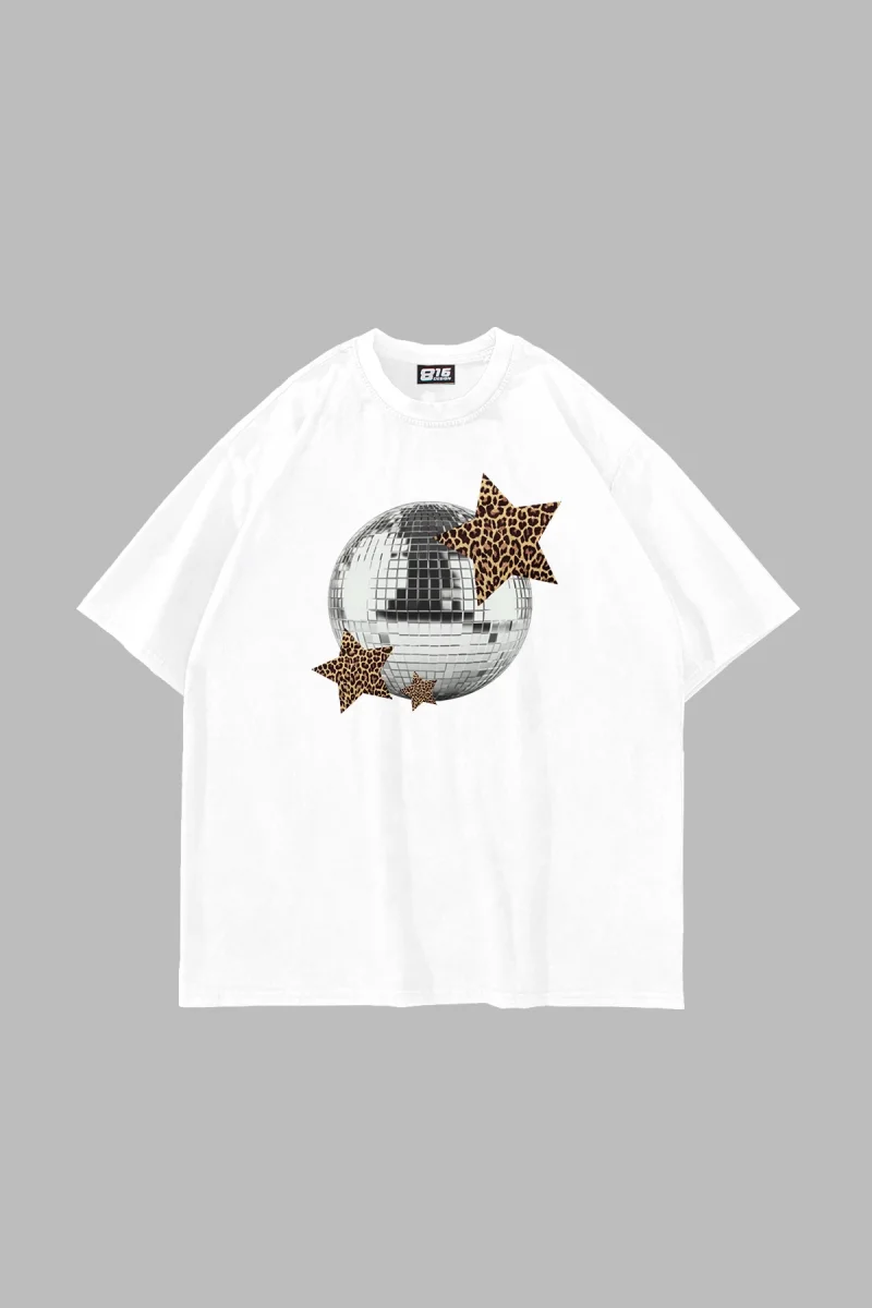 Leopard Disco Baskılı Oversize Unisex Beyaz Tshirt