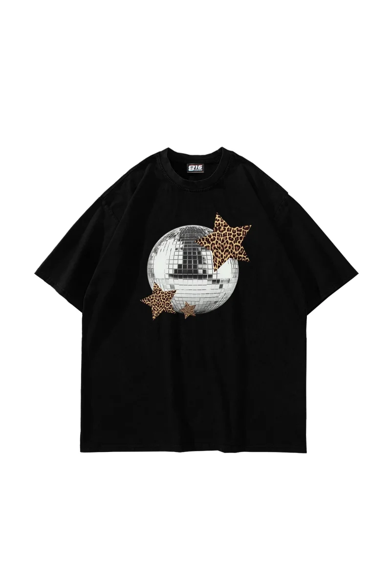 Leopard Disco Baskılı Oversize Unisex Siyah Tshirt