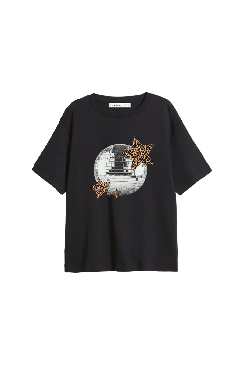 Leopard Disco Baskılı Relaxed Fit Siyah Kadın Tshirt