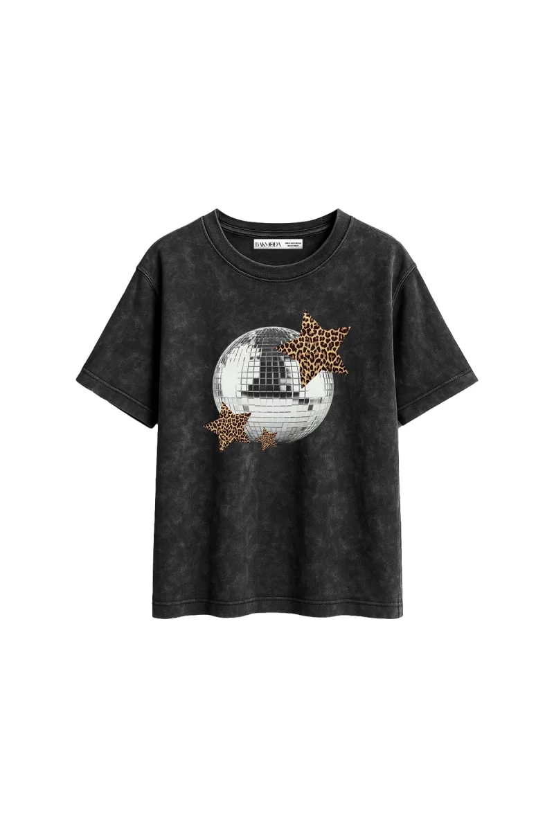 Leopard Disco Baskılı Relaxed Fit Yıkamalı Siyah Kadın Tshirt