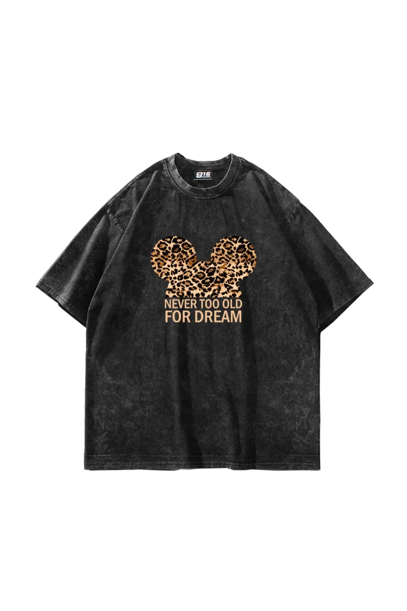 Leopard For Dream Baskılı Oversize Unisex Yıkamalı Siyah Tshirt
