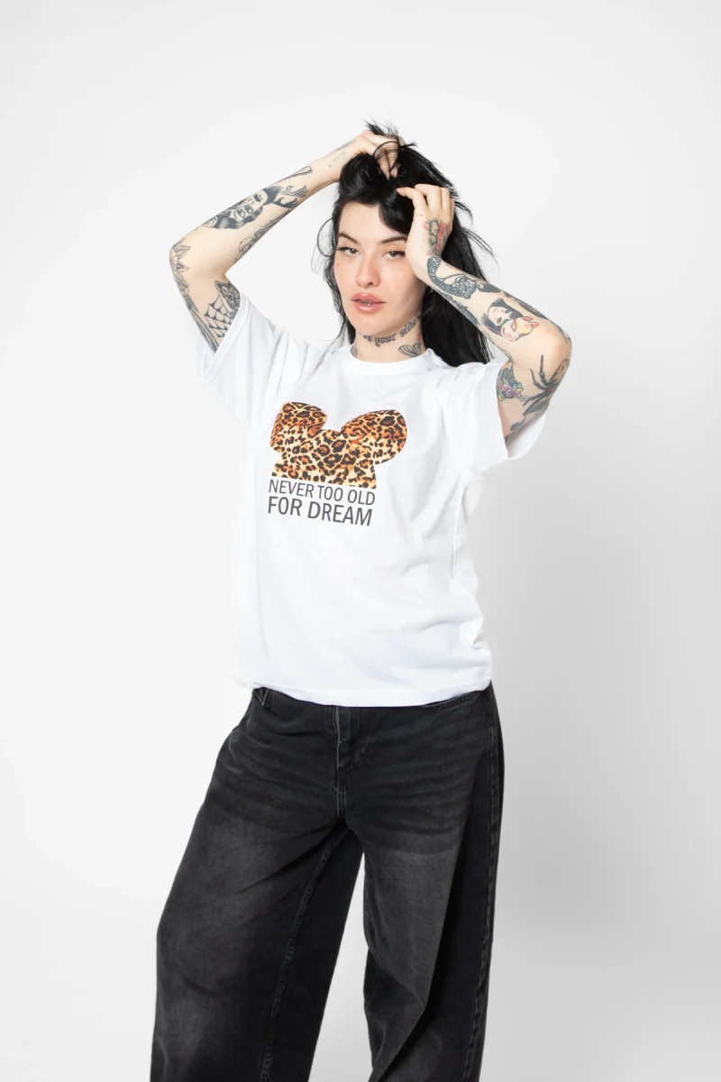 Leopard For Dream Baskılı Relaxed Fit Beyaz Kadın Tshirt