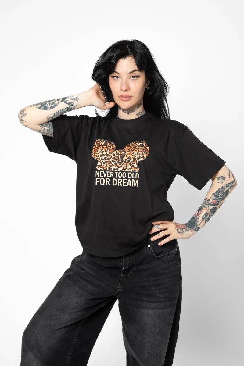 Leopard For Dream Baskılı Relaxed Fit Siyah Kadın Tshirt