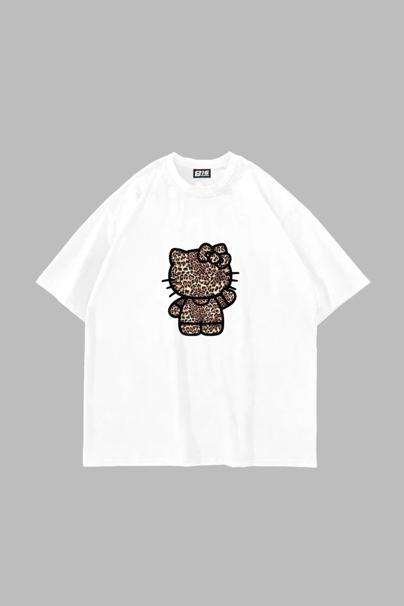 Leopard Kitty Baskılı Oversize Unisex Beyaz Tshirt
