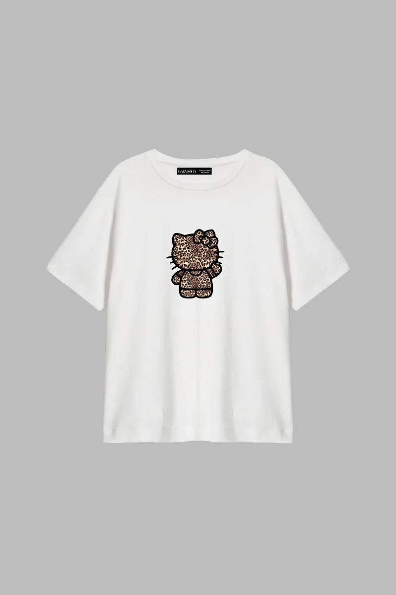Leopard Kitty Baskılı Relaxed Fit Beyaz Kadın Tshirt