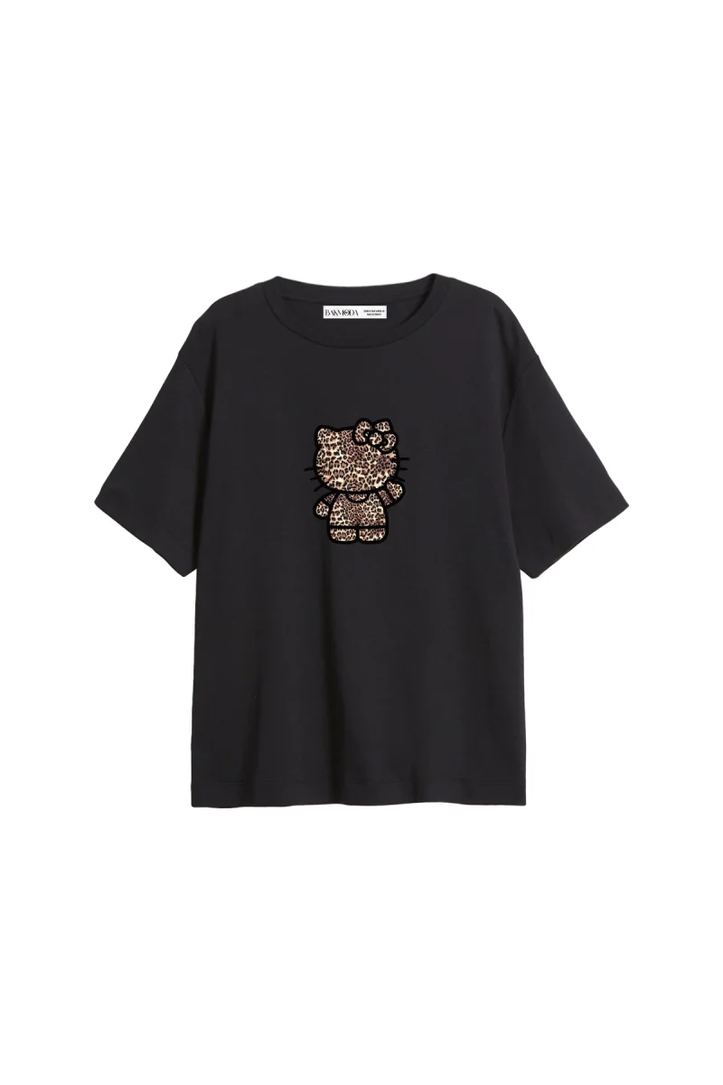 Leopard Kitty Baskılı Relaxed Fit Siyah Kadın Tshirt