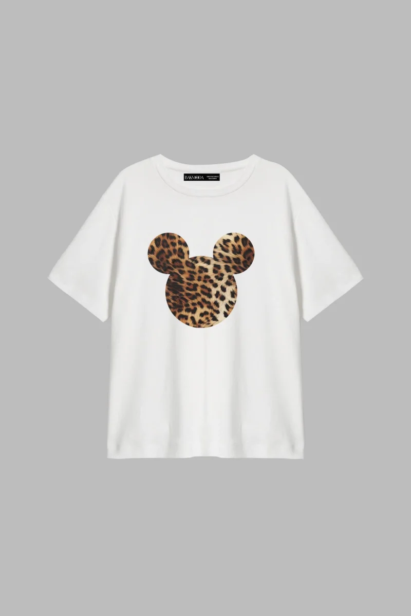 Leopard Mcky Baskılı Relaxed Fit Beyaz Kadın Tshirt