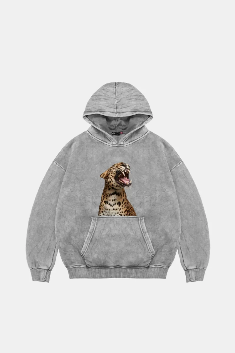 Leopard Siluet Baskılı Oversize Unisex Premium Yıkamalı Beyaz Hoodie