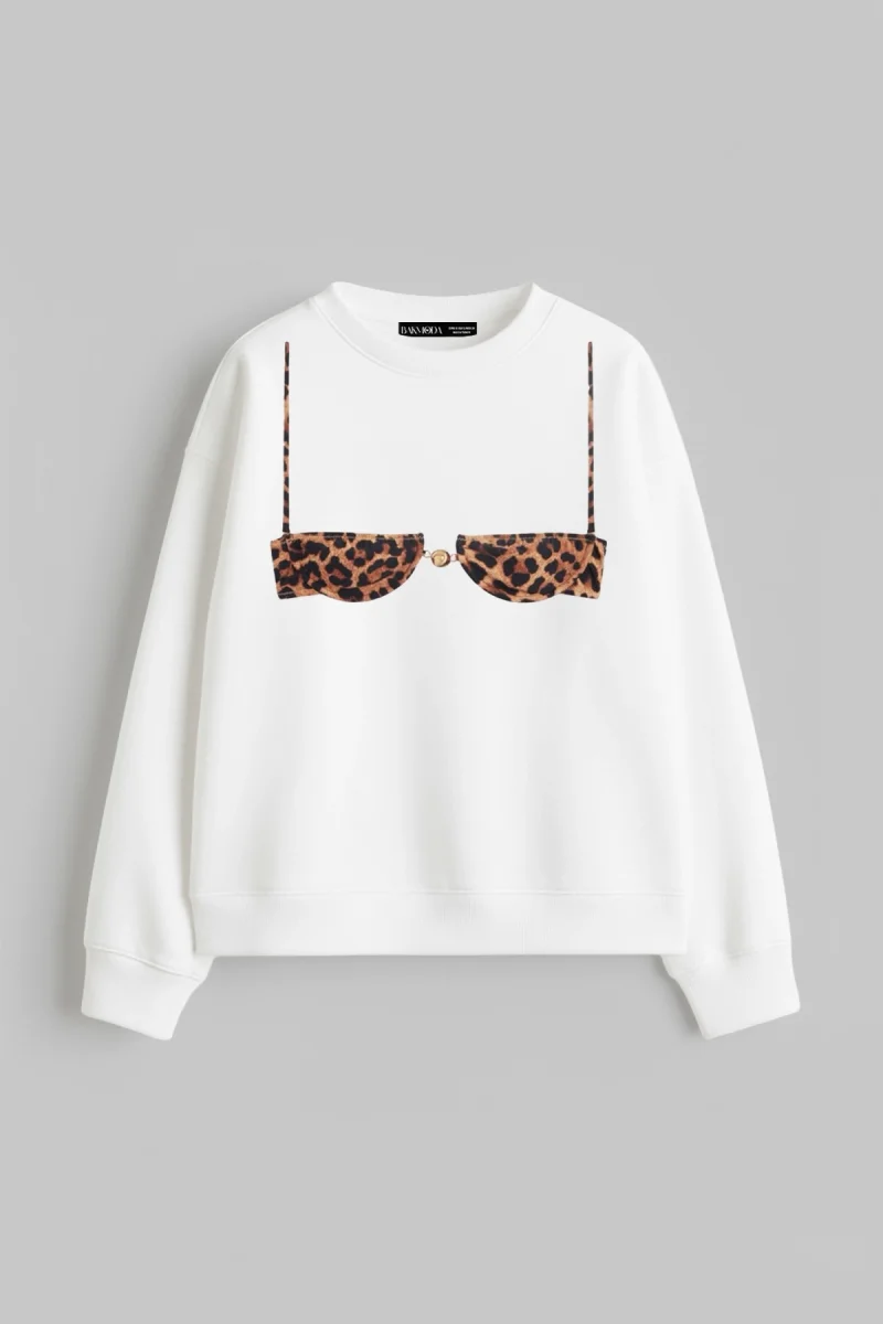 Leopard Tiny Bikini Baskılı Kapüşonsuz Relaxed Fit Kadın Beyaz Sweatshirt