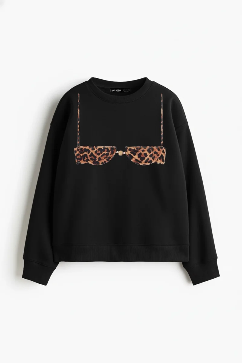 Leopard Tiny Bikini Baskılı Kapüşonsuz Relaxed Fit Kadın Siyah Sweatshirt