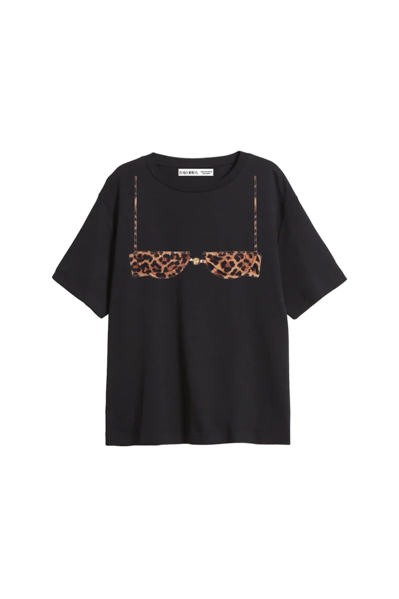 Leopard Tiny Bikini Baskılı Relaxed Fit Siyah Kadın Tshirt