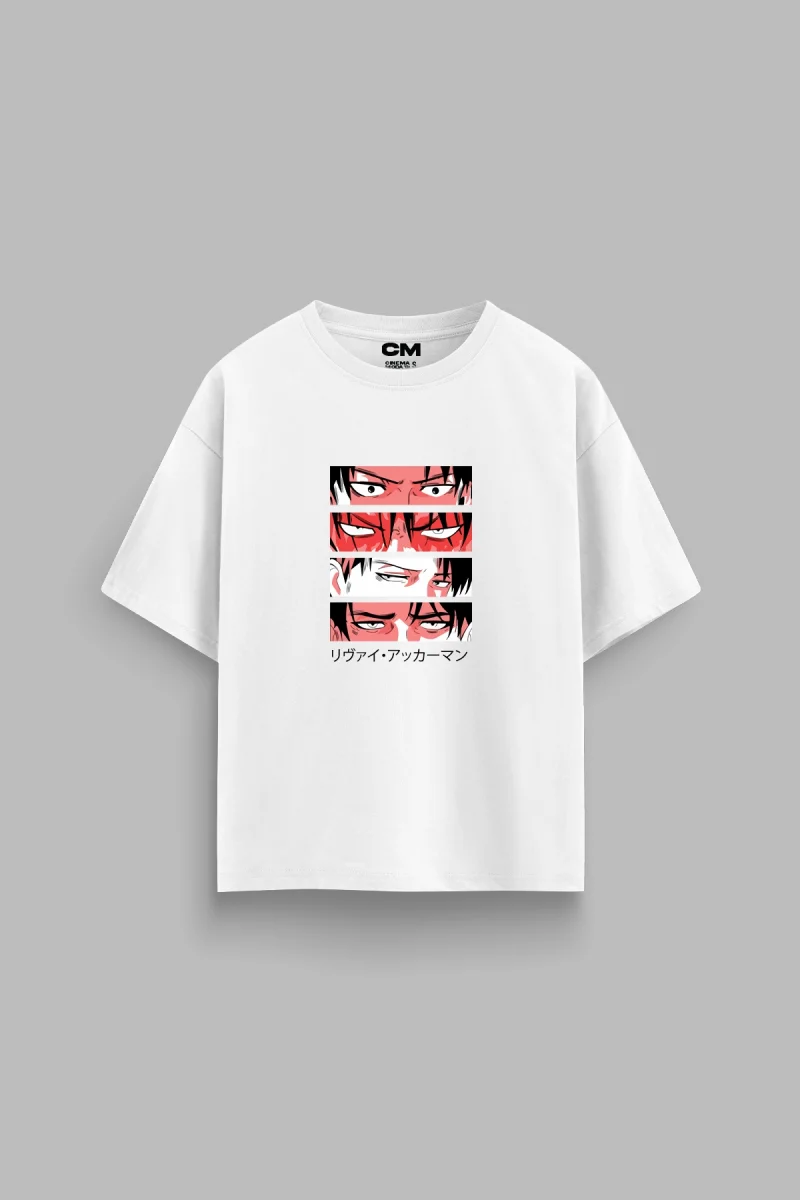 Levi Ackerman Baskılı Rahat Kalıp 30/1 Unisex Beyaz Tshirt