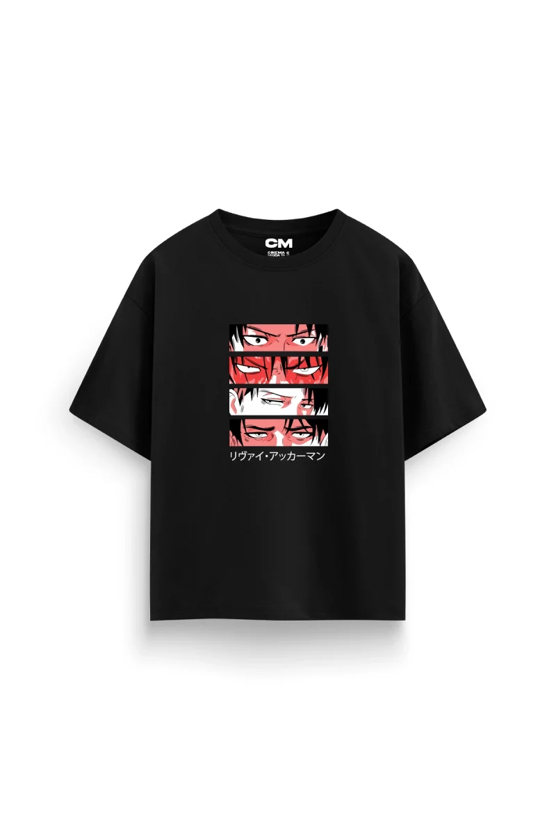 Levi Ackerman Baskılı Rahat Kalıp 30/1 Unisex Siyah Tshirt